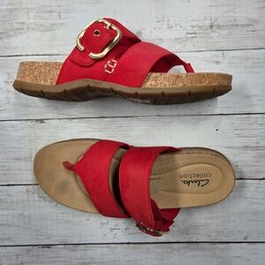 Clarks Thong Sandals Womens 8W Red Brinkley Sea Slide Wedge Buckle Comfort